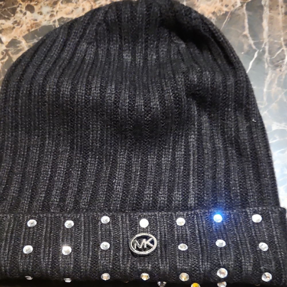 Michael Kors Black Knit Hat with Rhinestone Accents